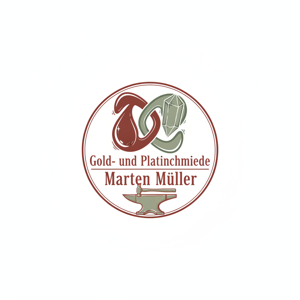 Siegel der Gold- und Platinschmiede Marten Müller: Rundzeichen mit Goldtropfen, Rohkristall sowie Hammer auf Amboss